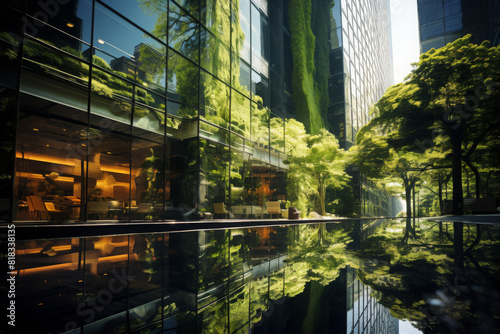 green city - double exposure of lush green forest and modern skyscrapers windows