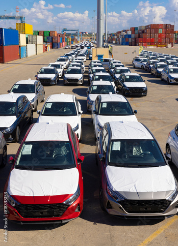 New imported cars and Shipping containers being unloaded at port facilities in Ashdod, Israel, Containers ships Loading In Ashdod Ports. Israel