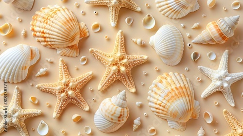  A group of starfish and seashells on a beige background with water bubbles below