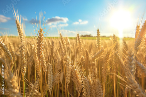 Beautiful golden wheat field in summer close up.Generative AI.