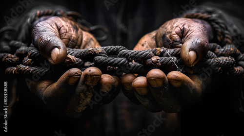 Slavery Forced Use of Work Against Persons, Hands chained on a black background Day for the Abolition of Slavery banner High quality 