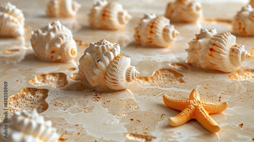   A collection of seashells and a starfish adorn a white cloth with vibrant orange sprinkles