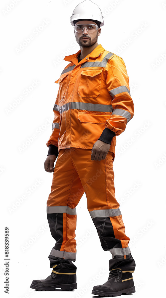 A middle-aged construction worker in full bright orange safety gear, including a helmet, stands indoors against a plain white background with a serious expression. A middle-aged construction worker in full bright orange safety gear, including a helmet, stands indoors against a plain white background with a serious expression.