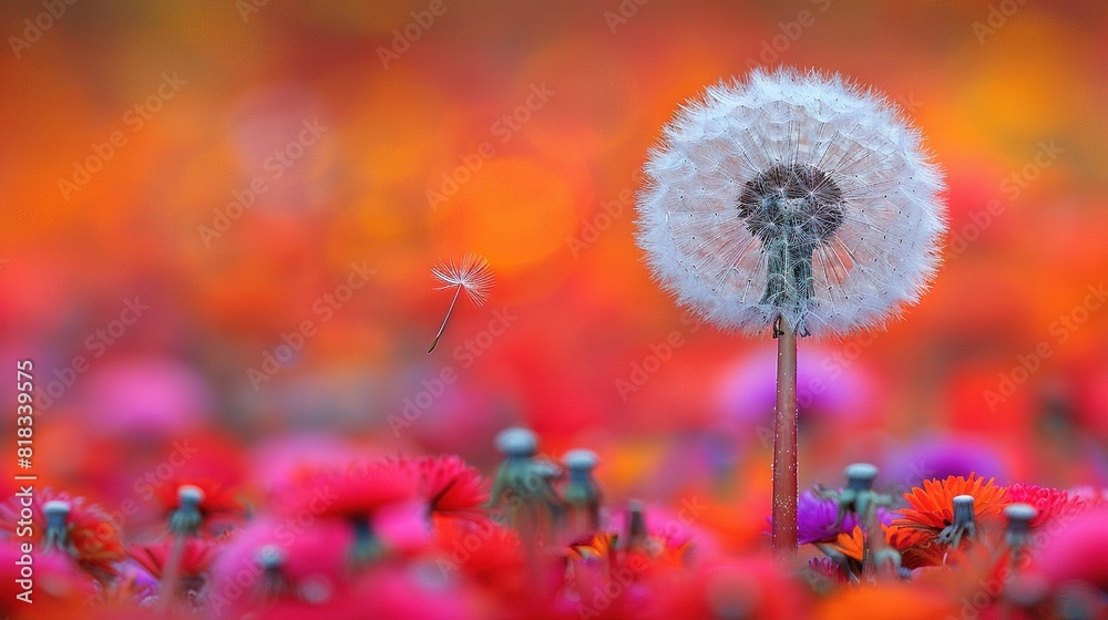 Close-up of a dandelion amidst red and pink blossoms with a hazy backdrop Close-up of a dandelion amidst red and pink blossoms with a hazy backdrop
