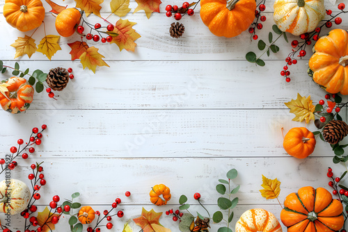 Festive autumn d  cor from pumpkins  berries and leaves on a white wooden background. Concept of Thanksgiving day or Halloween. Flat lay autumn composition with copy space