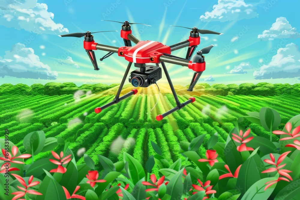 Agricultural sprayers and drone technology revolutionize vibrant crop horticulture in automated farm environments, depicted through detailed vectors Agricultural sprayers and drone technology revolutionize vibrant crop horticulture in automated farm environments, depicted through detailed vectors