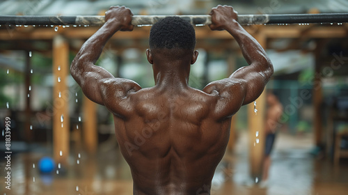 A fitness enthusiast performing a pull-up on a bar, muscles straining and sweat dripping, with a clear focus on the back and arm muscles working intensely. photo