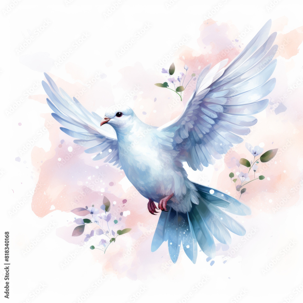 Obraz premium A white dove is flying in the sky with a flower in its beak