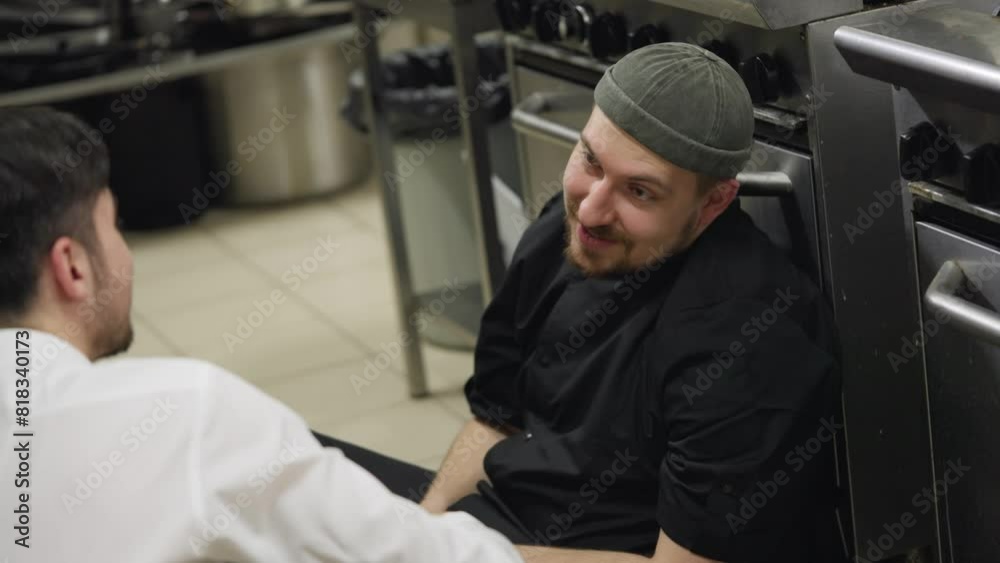 A confident professional chef in a black uniform with a beard communicates with a young guy waiter who supports and pats the chef on the shoulder while sitting on the floor in the kitchen in a A confident professional chef in a black uniform with a beard communicates with a young guy waiter who supports and pats the chef on the shoulder while sitting on the floor in the kitchen in a