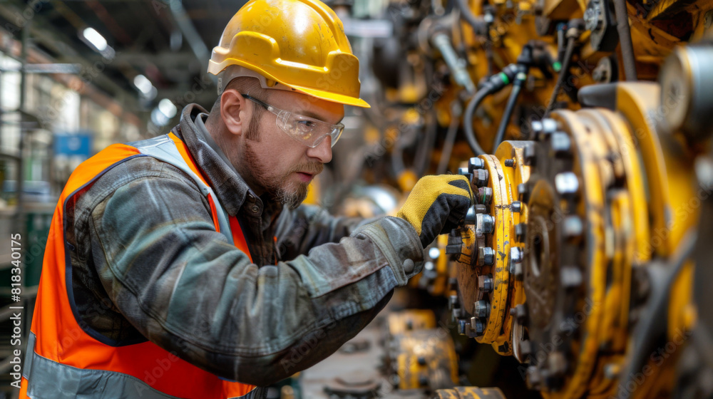 A skilled worker in a hard hat and reflective vest carefully inspects machinery in a manufacturing plant. A skilled worker in a hard hat and reflective vest carefully inspects machinery in a manufacturing plant.