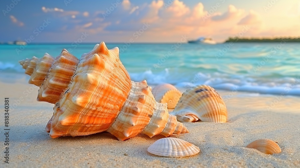 A collection of shells resting atop a sandy shore adjacent to the sea and a ship in the distance A collection of shells resting atop a sandy shore adjacent to the sea and a ship in the distance