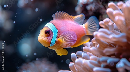  A macro shot of a fish among colorful corals in the backdrop with clear water in front