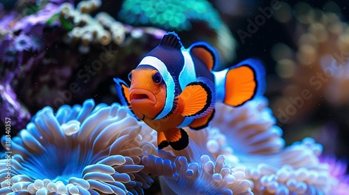  An orange and black clownfish swim in an aquarium with blue and white sea anemones and corals in the background