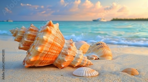  A collection of shells resting atop a sandy shore adjacent to the sea and a ship in the distance