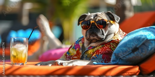 Relaxed pug in sunglasses lounges at resort in Hawaiian shirt enjoying cocktail. Concept Dog in Vacation Attire, Chill at Resort, Hawaiian Shirt Pup, Sunglasses Style, Cocktail Time