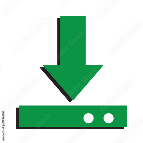 Download icon in circle on light background. Save file symbol. Download document saving, ui button, blue arrow. Outline, flat and colored style. Flat design. Vector illustration