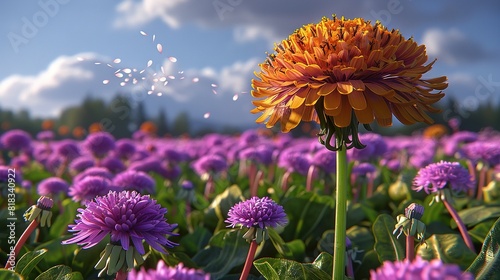   A field of vibrant purple and bright yellow blossoms with a clear blue sky, fluffy white clouds above, and a dandelion standing prominently in front photo