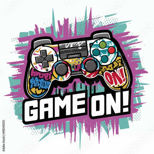 Game pad includes graffiti and slogan text. Ideal for t-shirts, posters, sticker printing, and other applications.