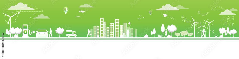Fototapeta premium Eco Friendly and Sustainable Energy Concept Vector Banner. Green Energy Design Elements for Clean Environment, Technological Renewable development and Alternative Energy concept, Vector illustration