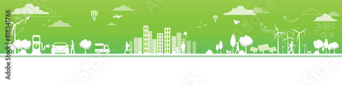 Eco Friendly and Sustainable Energy Concept Vector Banner. Green Energy Design Elements for Clean Environment, Technological Renewable development and Alternative Energy concept, Vector illustration