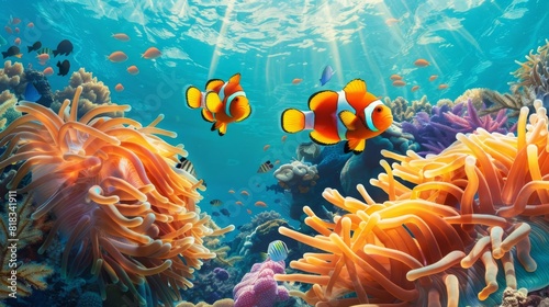 Anemonefishes in an anemone amongst a coral reef photo