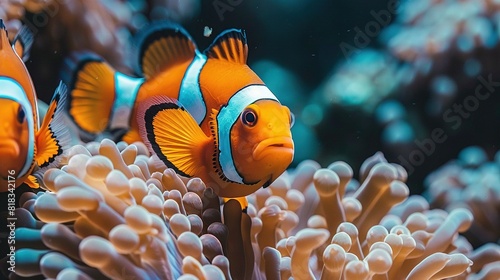 A close-up of a clownfish on a coral with two anemones in the foreground and one anemone in the background