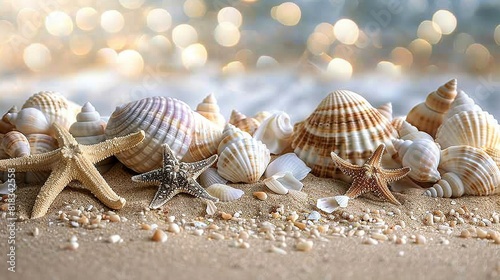  Seashells and starfish on sandy beach, bokeh lights