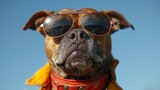 A closeup portrait of a funny dog wearing sunglasses