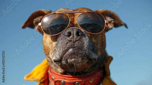 A closeup portrait of a funny dog wearing sunglasses photo