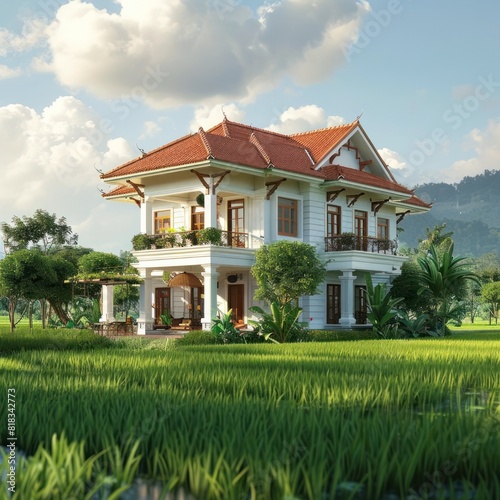 Elegant ThreeStory House Amidst Lush Green Rice Fields Basking in Daylight © Sittichok