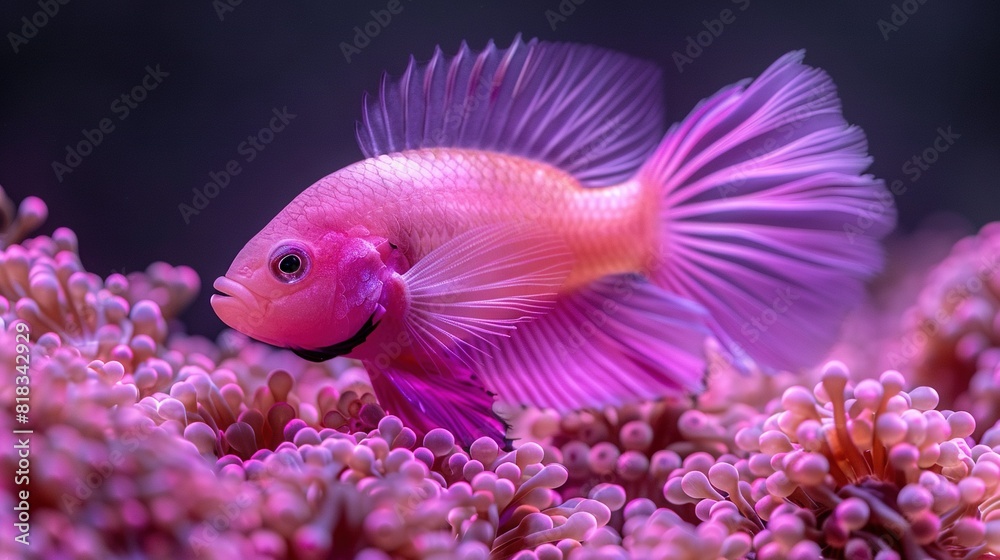   Close-up of a pink fish on a purple sea anemone in a sea anemone tank