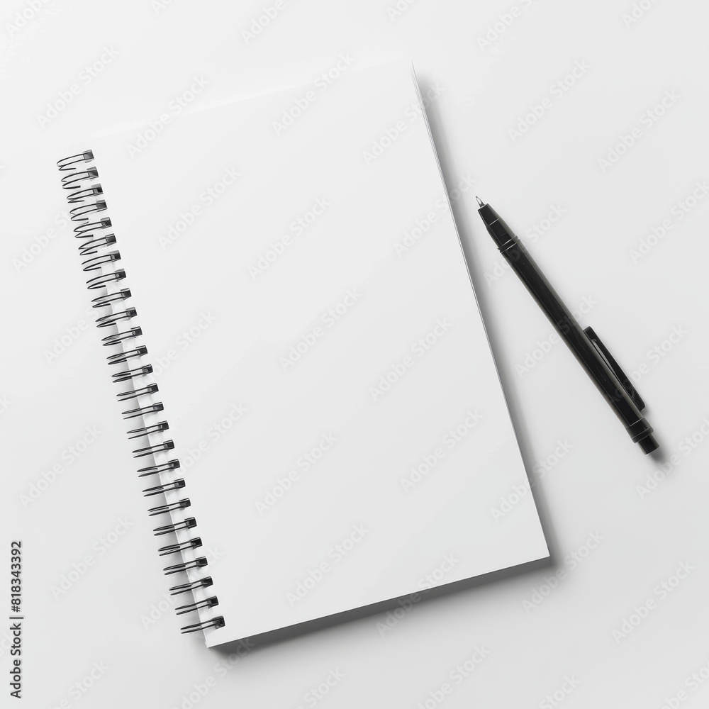 A black pen sits on top of a blank spiral notebook A black pen sits on top of a blank spiral notebook