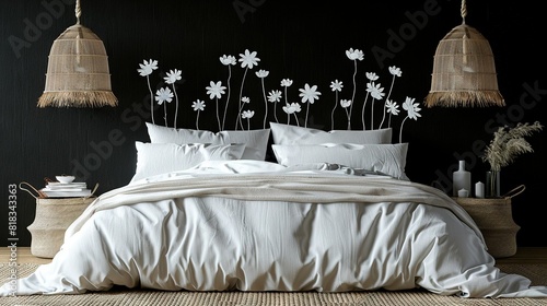  A bed adorned with many white flowers on its headboard, and an assortment of cushions lining the edge