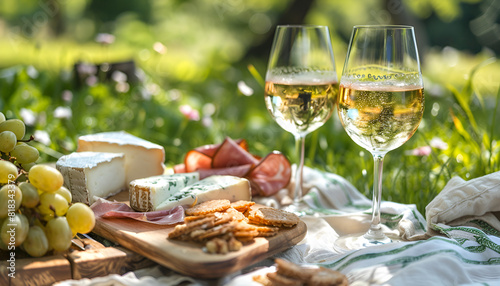 picnic with white wine served outside with cheese and charcuteri