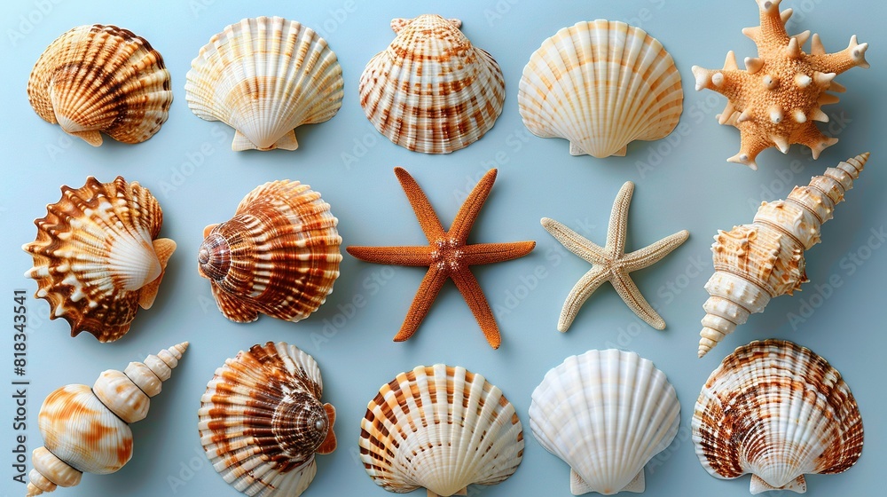 Group of seashells and starfish on blue background with starfish in center Group of seashells and starfish on blue background with starfish in center