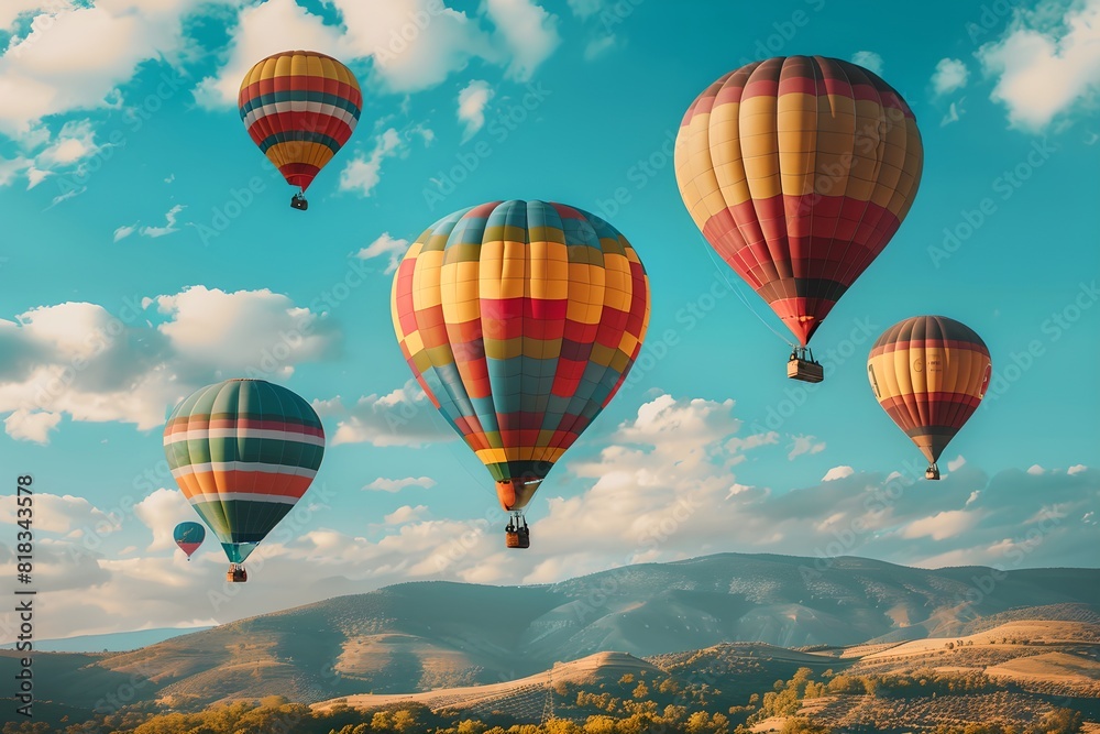 Obraz premium Hot air balloons over mountains. Summer travel and adventure concept. Beautiful landscape. Design for banner, wallpaper, poster. 