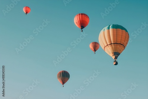 Hot air balloonss against clear sky. Summer travel and adventure concept. Design for banner, wallpaper, poster. Minimalistic composition © dreamdes