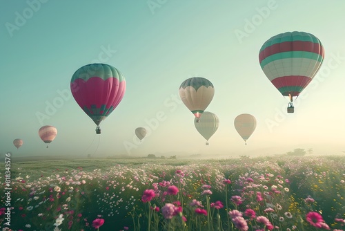 Hot air balloons over a misty field of flowers. Summer travel and adventure concept. Beautiful landscape. Design for banner  wallpaper  poster 