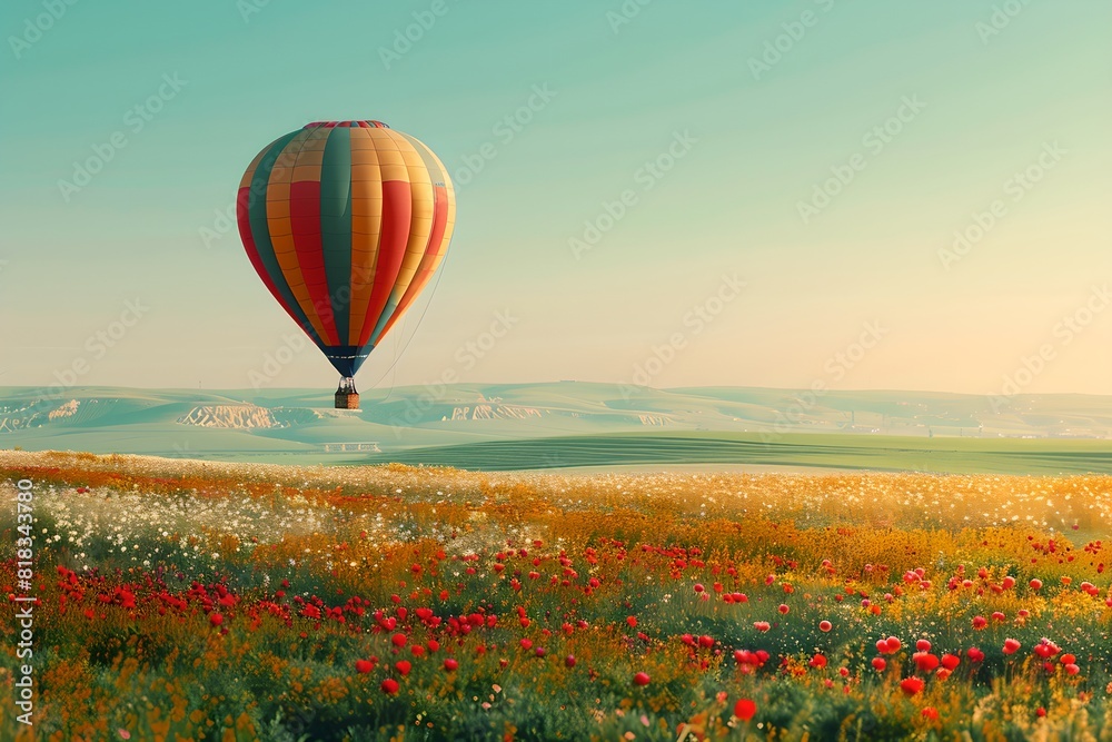 Fototapeta premium Hot air balloon over a field of flowers. Summer travel and adventure concept. Beautiful landscape. Design for banner, wallpaper, poster with copy space