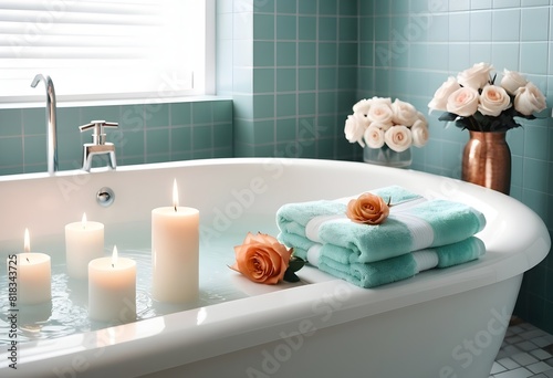 A background of towel bathroom white luxury concept massage candle bath with Bathroom matellic white wellness background towel relax aromatherapy flower and rose flower accessory zen therapy oil photo