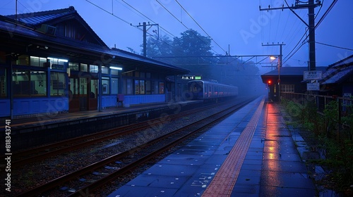   A rainy scene featuring a train station, a train on the tracks, and a red signal at the platform's end