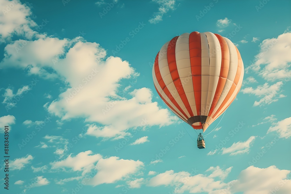 Fototapeta premium Hot air balloon against a blue sky with clouds. Summer travel and adventure concept. Beautiful landscape. Design for banner, wallpaper, poster with copy space