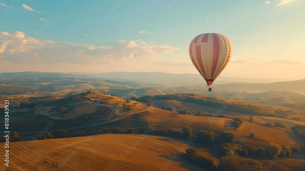 Hot air balloon over rolling hills at sunset. Summer travel and adventure concept. Design for banner, wallpaper, poster 