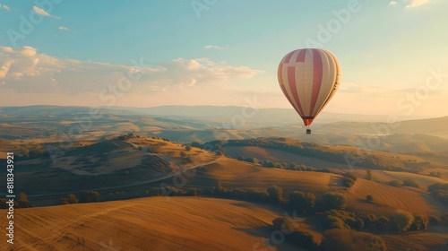 Hot air balloon over rolling hills at sunset. Summer travel and adventure concept. Design for banner  wallpaper  poster 