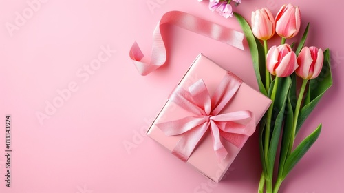 Top view pink tulips bouquet and pink gift box with bow ribbon on isolated pastel pink background. © artpray