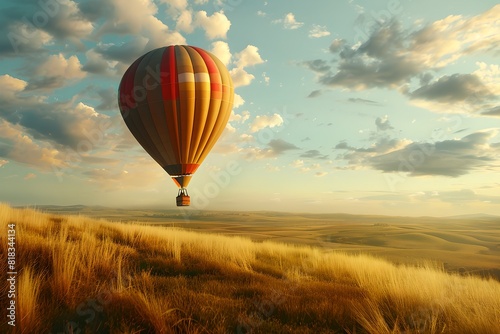 Hot air balloon flying over golden wheat fields. Summer travel and adventure concept. Agriculture industry. Design for banner, wallpaper, poster with copy space