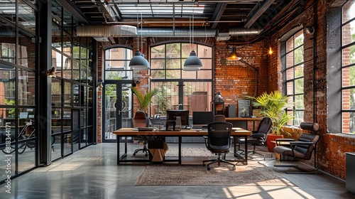 Industrial Tech Loft Office with Exposed Brick Walls. An industrial-style tech loft office featuring exposed brick walls, large windows, and modern furnishings, creating a dynamic workspac