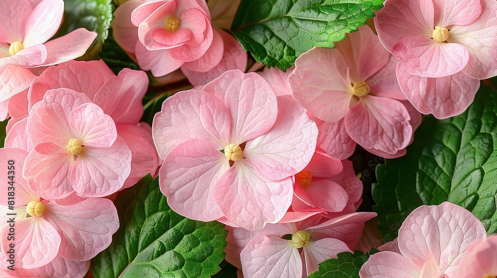   A bunch of pink flowers with green leaves on top and green leaves on bottom