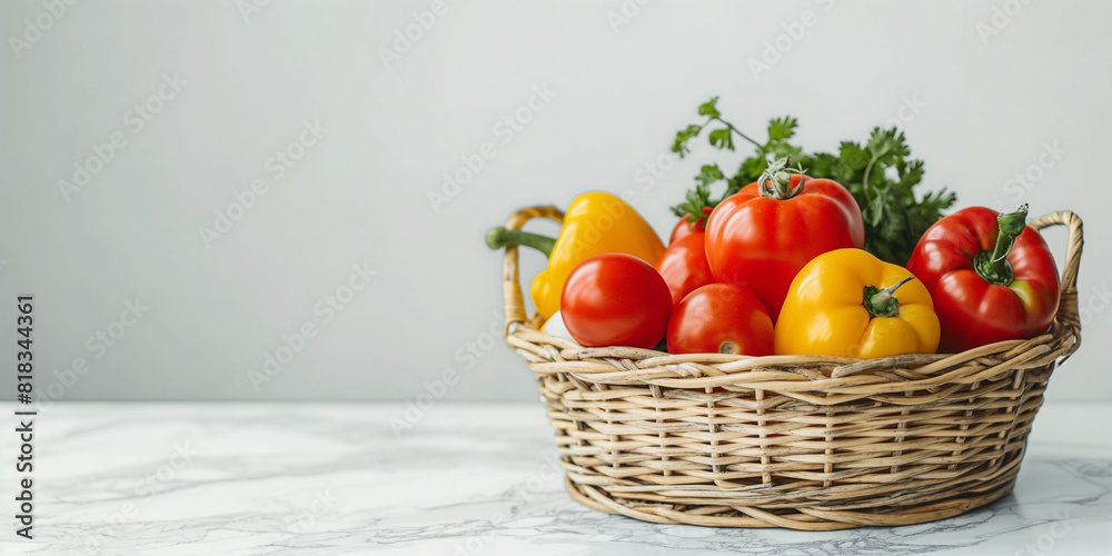 A banner of an isolated basket of bell peppers and tomatoes in red and yellow colors, themes of a healthy and natural diet from home grown eco friendly vegetables. A banner of an isolated basket of bell peppers and tomatoes in red and yellow colors, themes of a healthy and natural diet from home grown eco friendly vegetables.