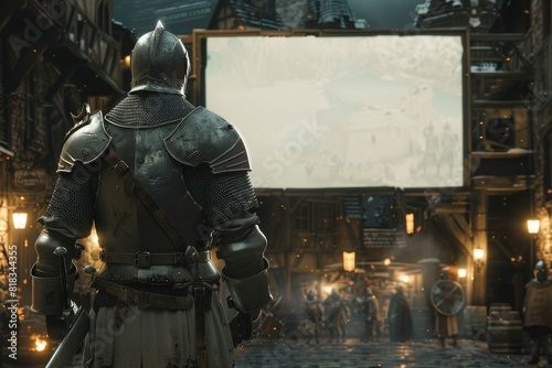 A knight in full armor gazes at a vibrant, illuminated billboard set in a bustling medieval market town at twilight